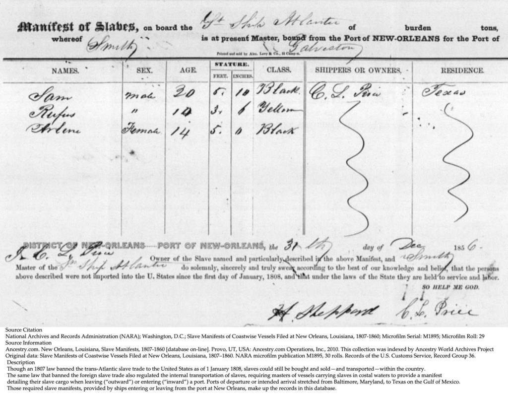 Rufus Johnson on slave transport to Cuthbert Lewis Price