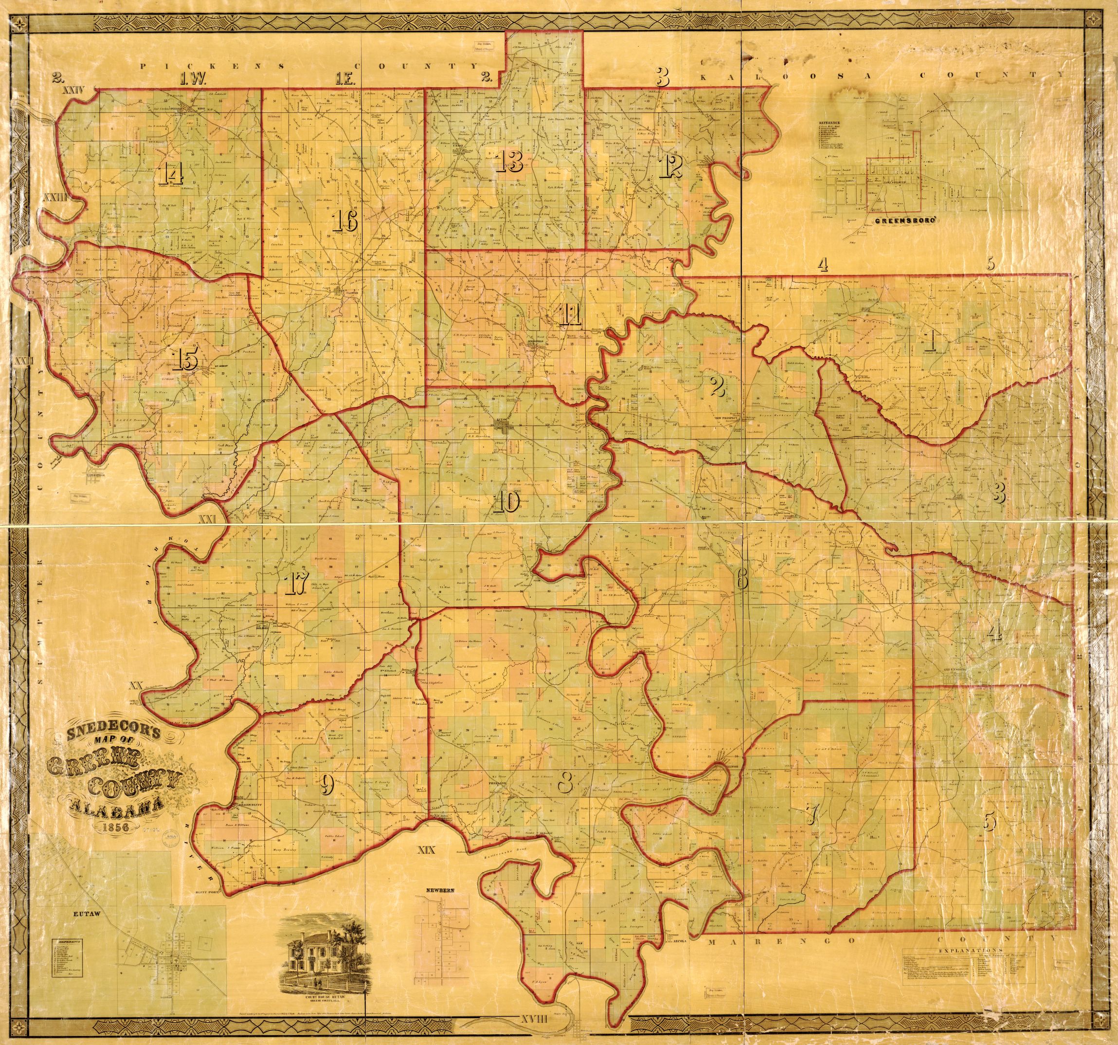 1856 Greene County, AL
See District 15 and 13.
Map created and published by:
 Victoria Gayle Snedecor (1824-1888)