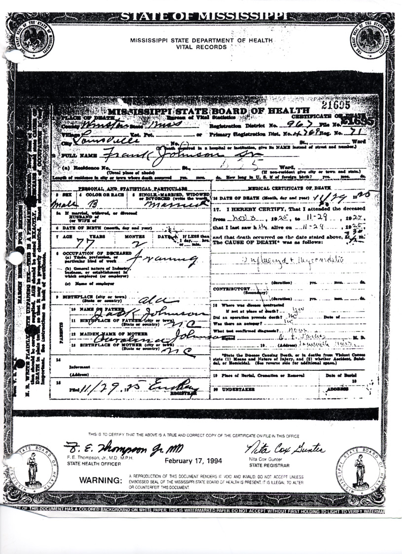 Frank Johnson- Death Certificate procured by Robert W. in 1994