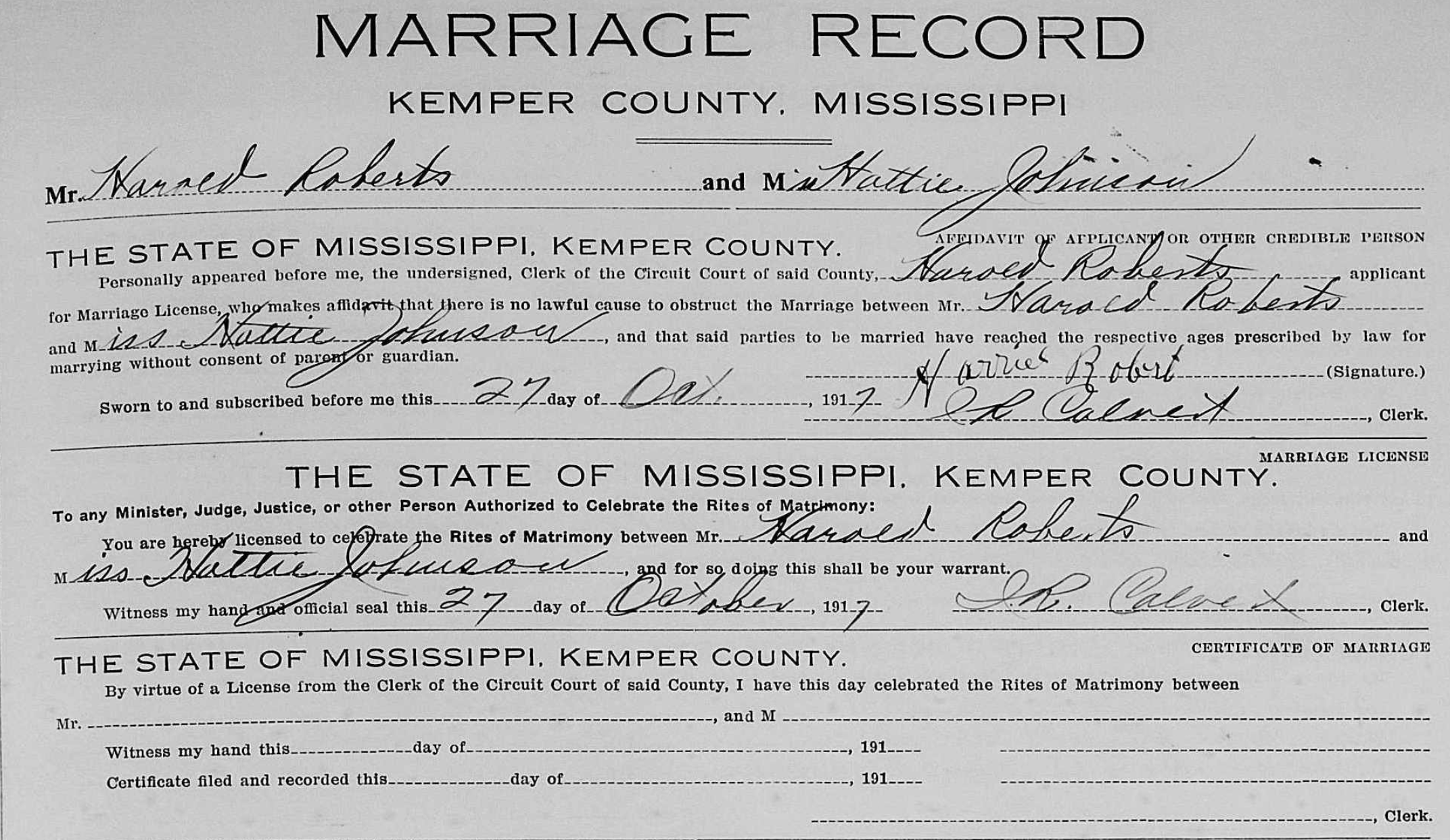 Hattie Roberts (Johnson ) 1917 marriage
