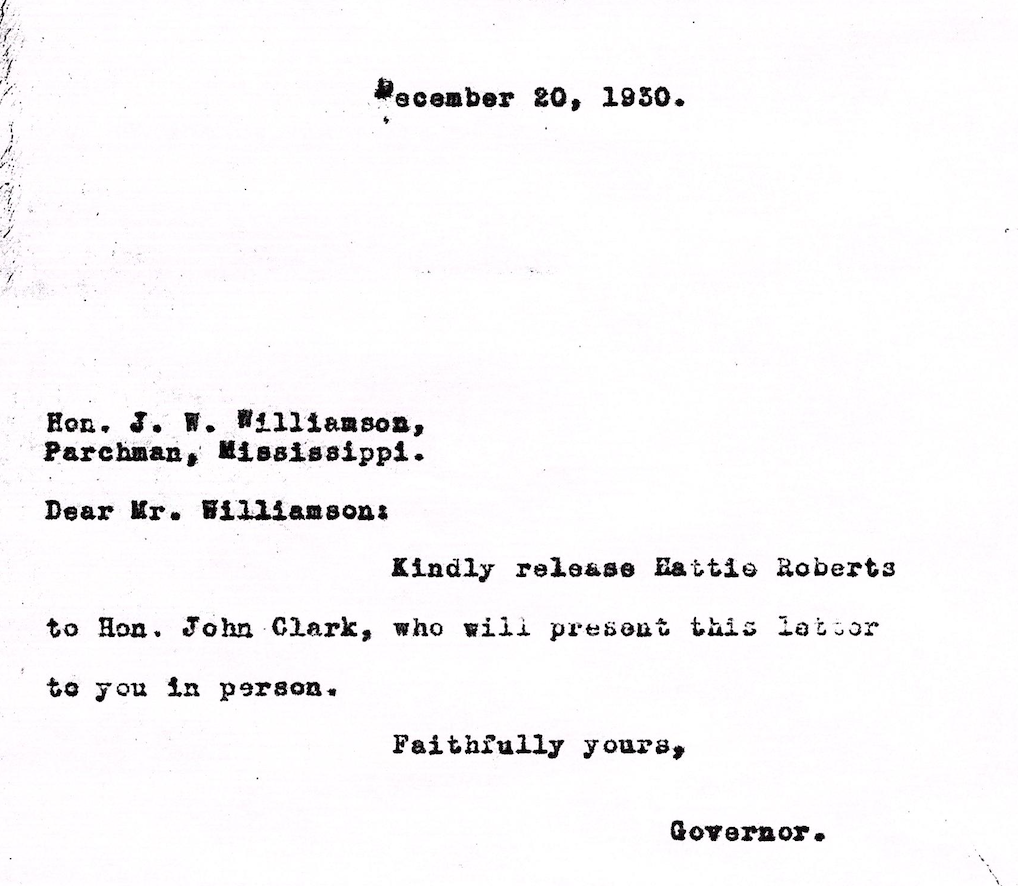 Letter releasing Hattie from prison til June 1931