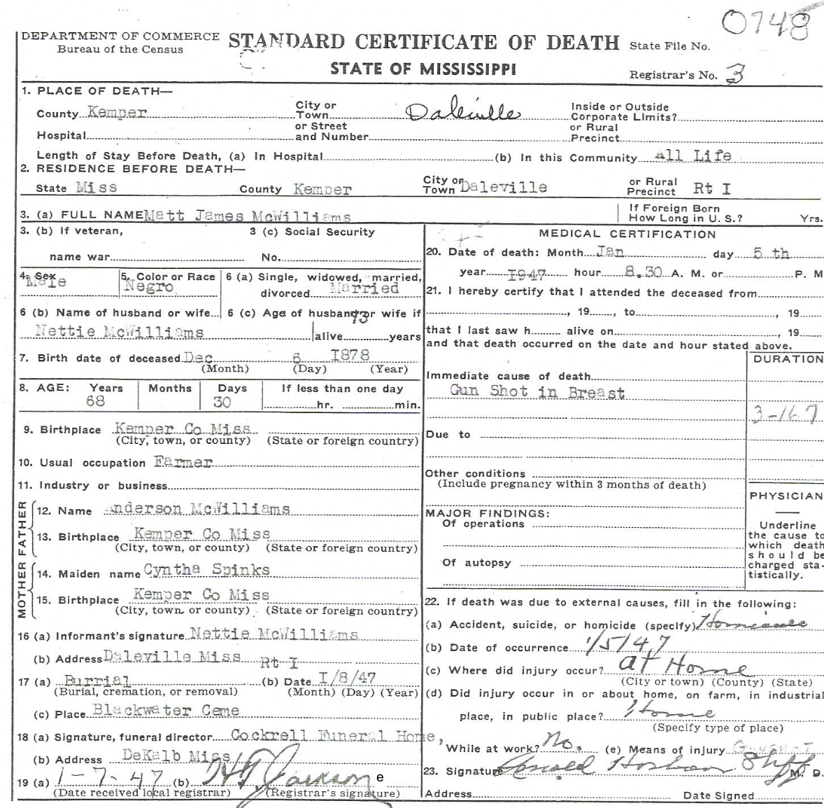 Matt McWilliams death certificate-Signed by his murderer the Sheriff !