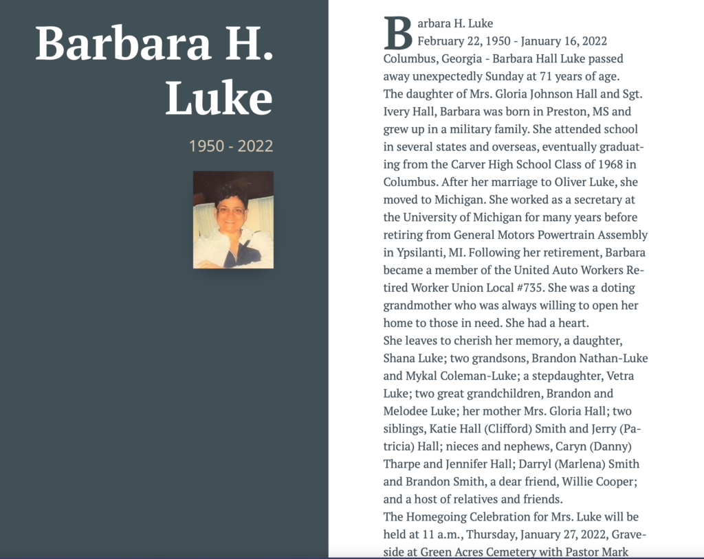 Rest in Peace Barbara Hall Luke 