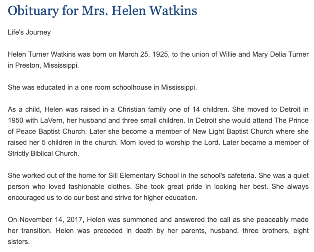 Helen Turner Watkins obituary