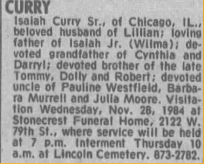 Nov 1984 Isaiah Curry obit Lillian Stinson husband