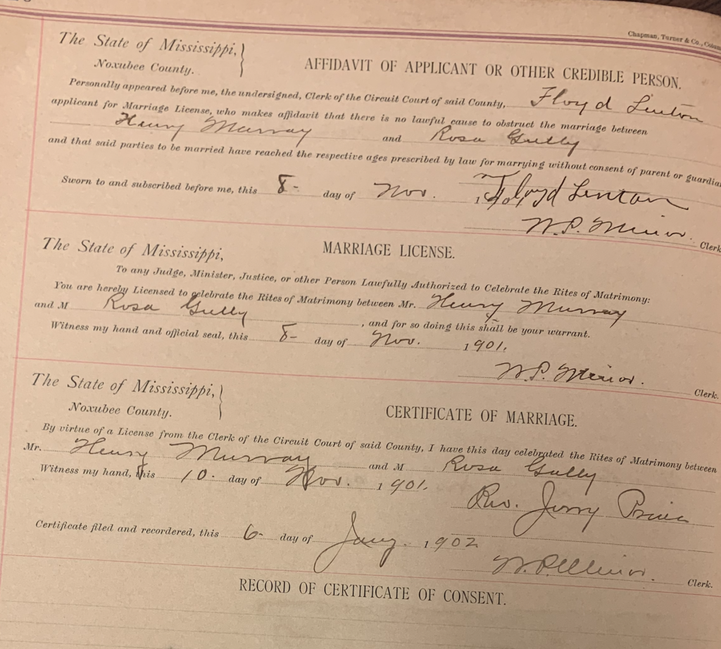 11-10-1901 marriage of Henry Maury Murray to Roseanna Gully -shared by Karen