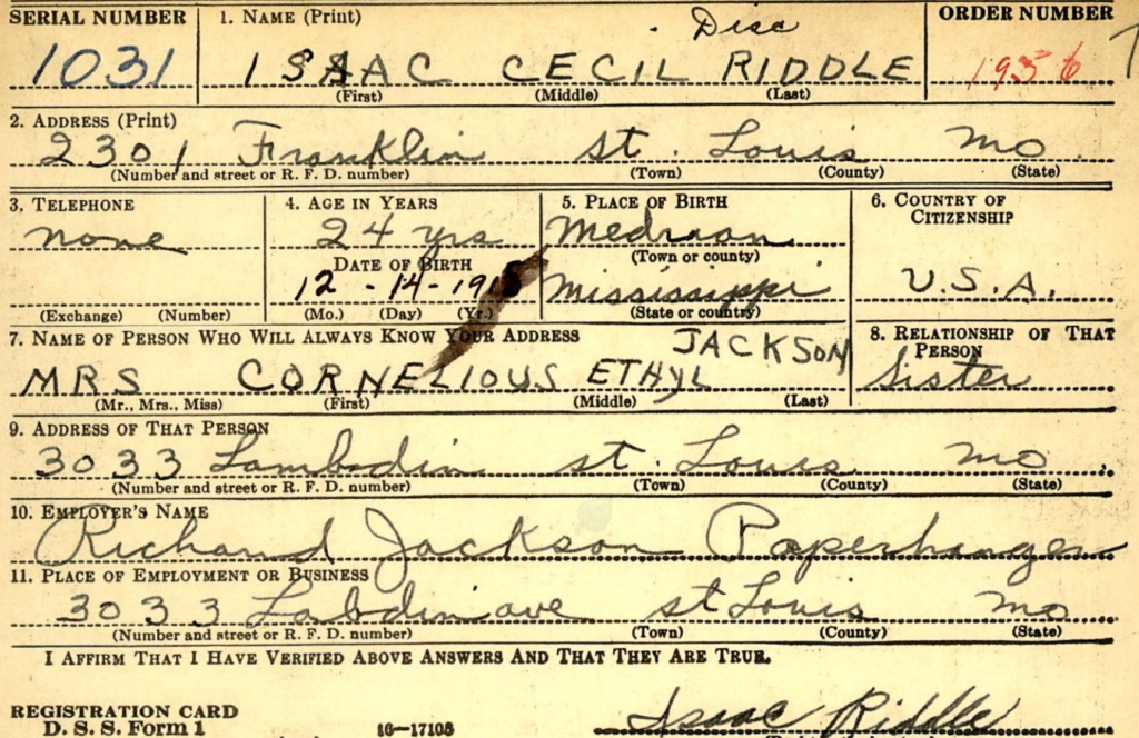 Isaac Riddle, Jr.  registration