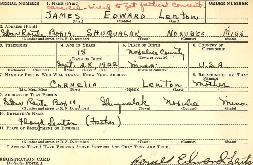 James Edward Lenton -Father wouldn't sign